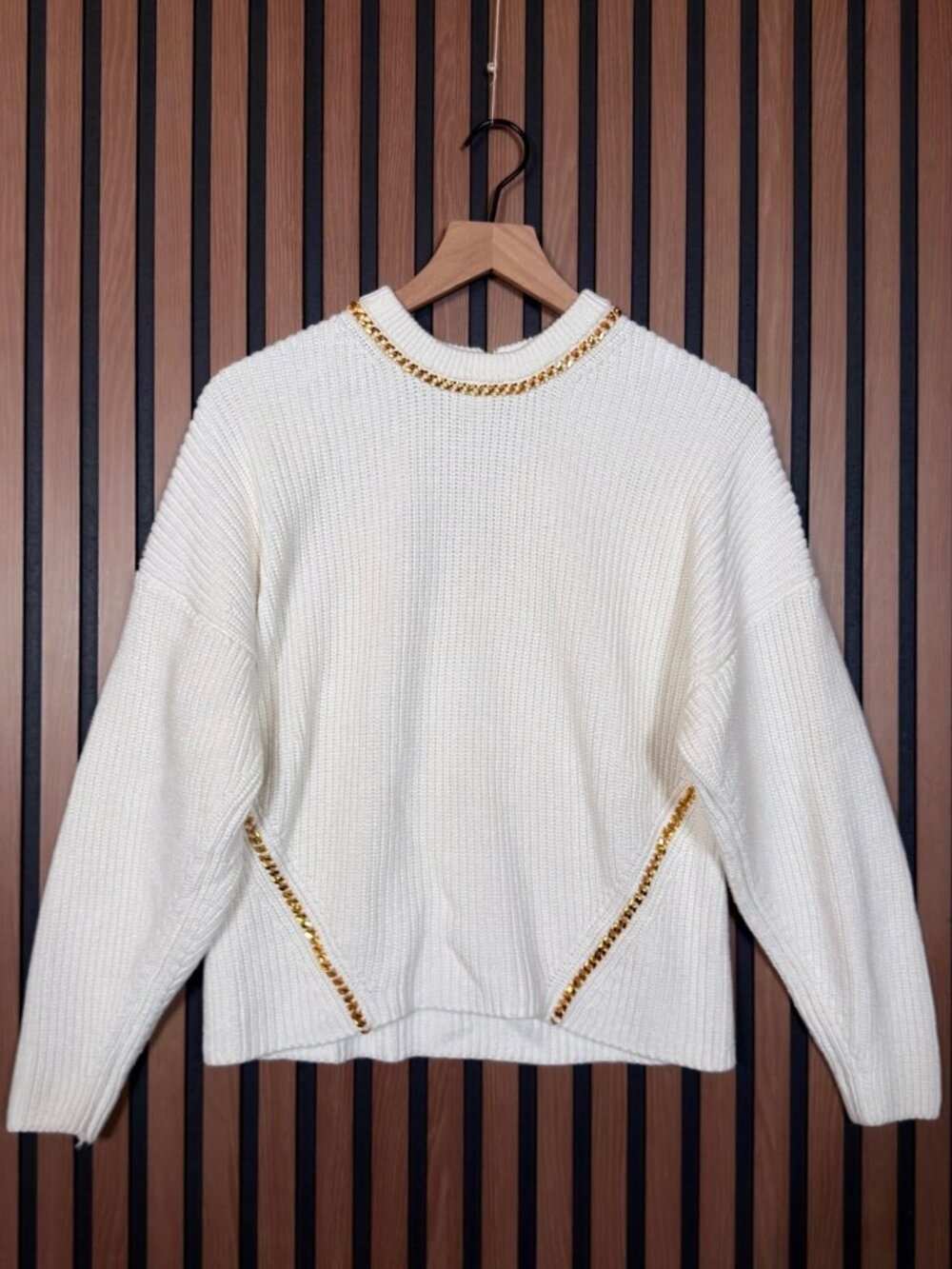 Joie Sweater XS Womens White Chunky Woven Knit Cashmere Gold Chain Trim Keyhole